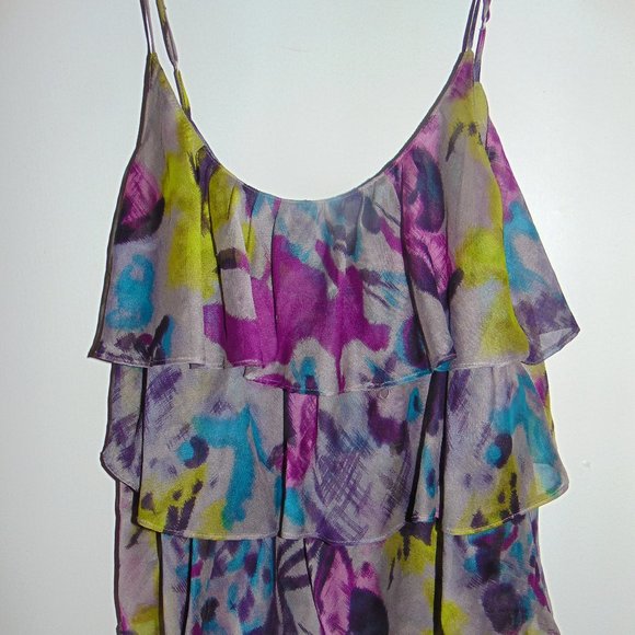Plastic Island Women's Purple Yellow Blue Sleeveless Abstract Ruffled Blouse XS - Picture 1 of 6